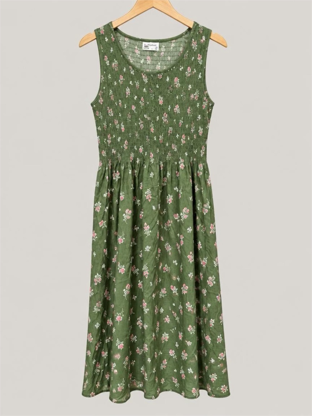 NWT Croft & Barrow Olive Green Floral Smocked Tank Midi Dress - L Petite